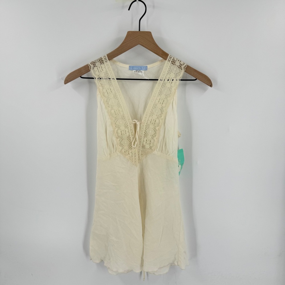 Vintage Y2K Cotton Lace Trim Tie Front Tank Top Cream Small Boho Cottagecore